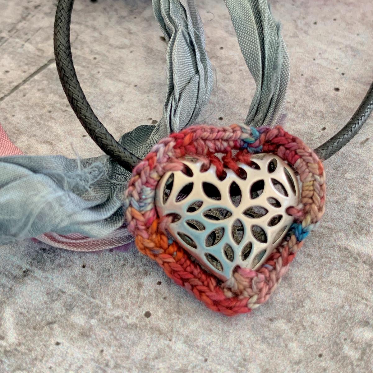 Slider Heart Pendant Necklace - Mixed Media - Antique Silver Filigree Metal Heart - Pink Red Multicolor Fiber - Black Waxed Cotton Cord - 23 inch picture