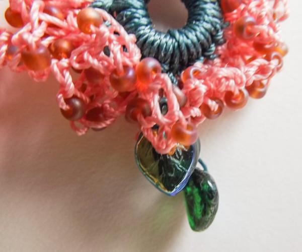 Crochet Beaded Coral Pink Green Dangle Drop Flower Earrings with Green Glass Leaves - One of a Kind - Wearable Art - Handmade picture