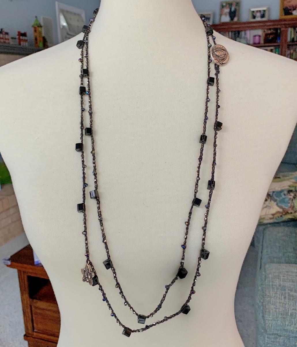 Leaf Goddess Wrap Necklace - Black, Antique Silver, Gunmetal, Gold - Iridescent Glass Beads - Crochet - Loop and Button Close - OOAK picture