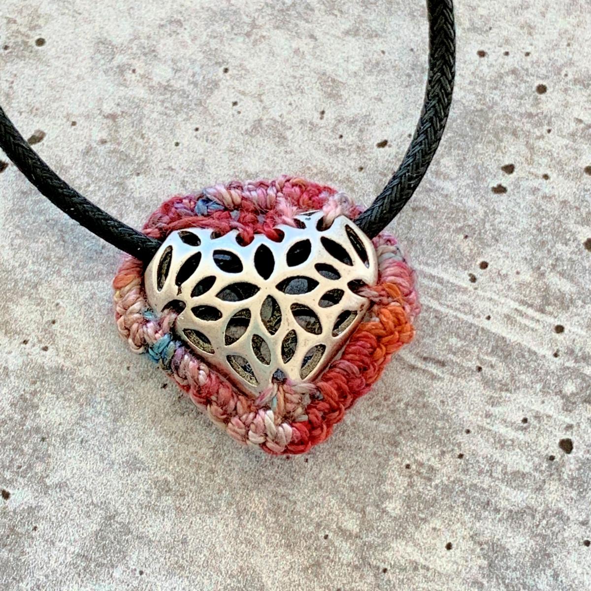 Slider Heart Pendant Necklace - Mixed Media - Antique Silver Filigree Metal Heart - Pink Red Multicolor Fiber - Black Waxed Cotton Cord - 23 inch picture