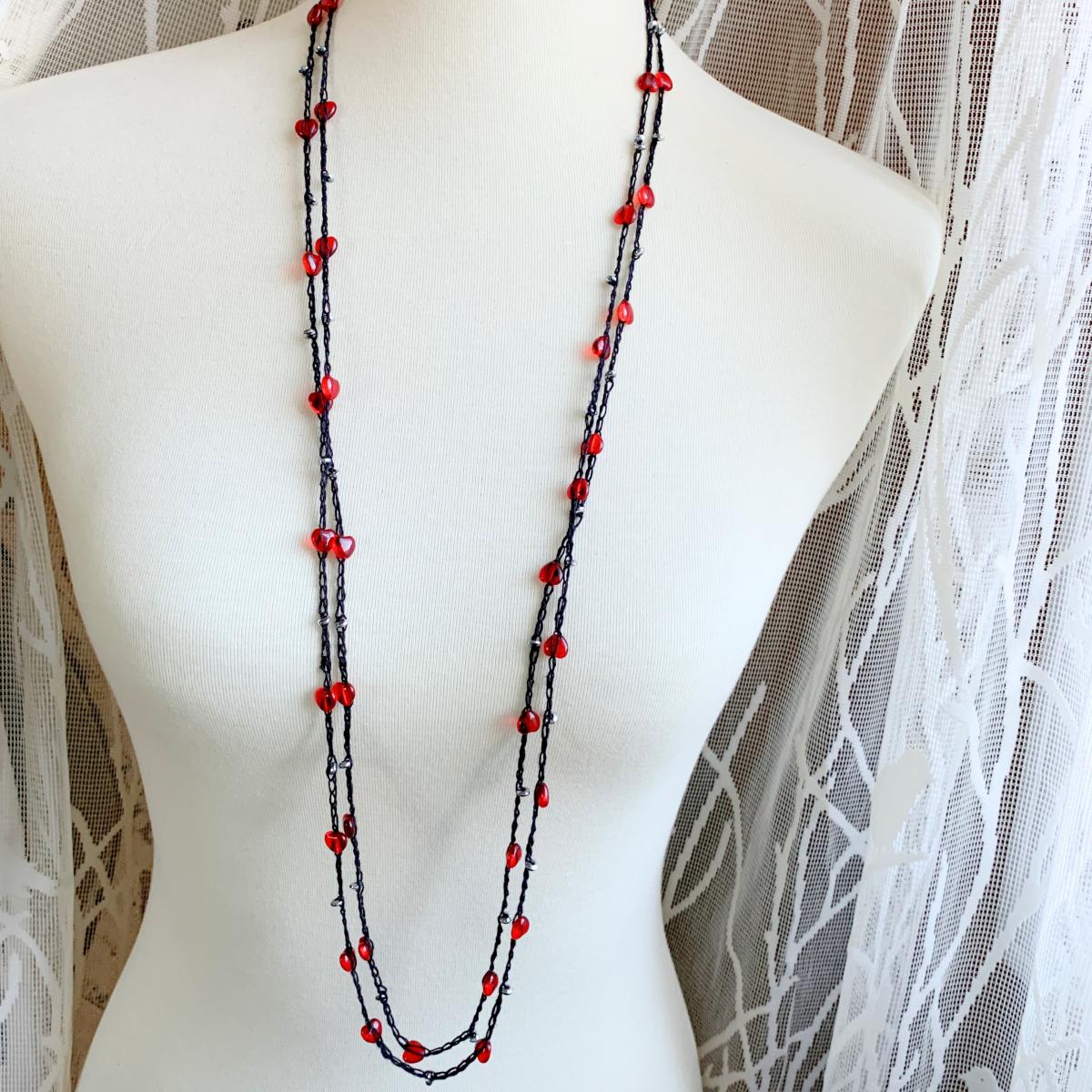 Simple Strand - Crochet Black Linen Chain Embellished with Red Glass Hearts and Silver Metal Disc Beads - 82 inch - Continuous Circle - Wrap picture