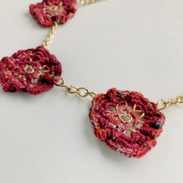 Hearts and Flowers Mixed Media Necklace - Fiber and Metal - Red Multicolor - Gold Chain - Heart Toggle Clasp - 19 1/2 inches - One of a Kind picture