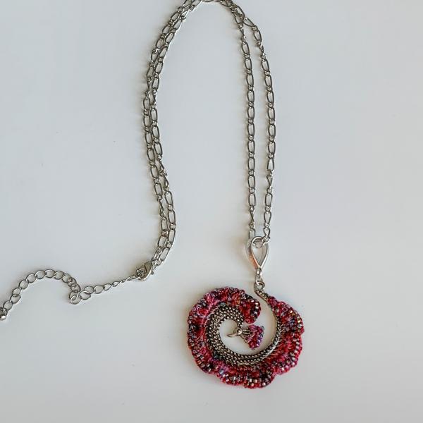 Peacock Spiral Pendant Necklace - Mixed Media - Red Multi Color - Hand-Dyed Fiber, Metal, Glass - Silver Chain - Adjustable 24 - 27 inches - OOAK picture