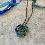 Patinated Brass Filigree Heart Pendant Necklace - Mixed Media - Metal Fiber - Blue Green Multicolor  - 18 inch Oxidized Brass Chain - OOAK