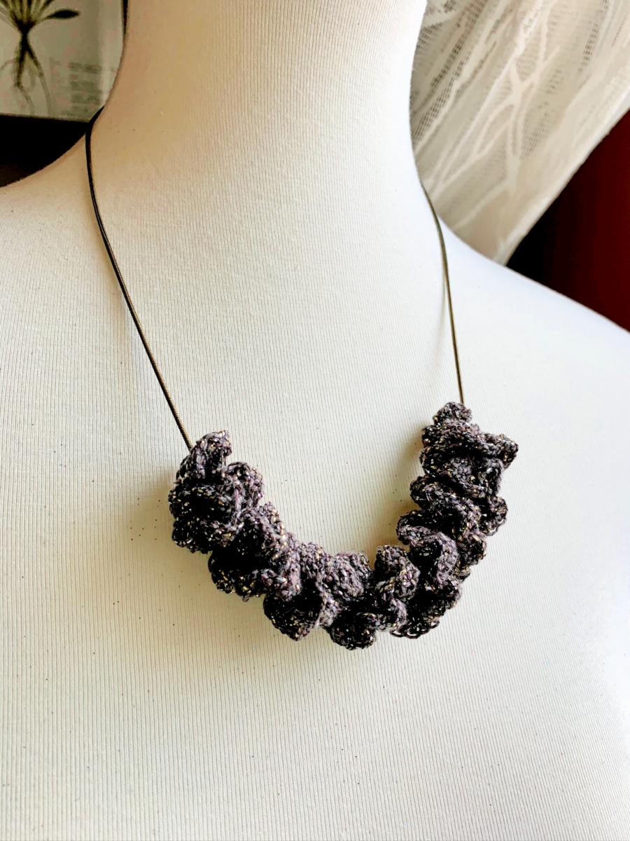 Sparkling Spiral Ruffle Necklace - Taupe Black Silver Gold - Cotton Linen Metallic Blend Thread - Antique Brass Snake Chain - One of a Kind picture