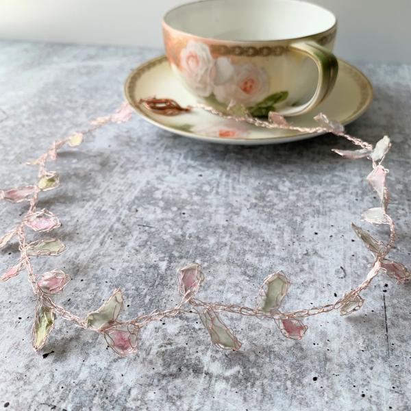 Whispering Petals Mixed Media Necklace - Subtle Pinks, Pale Green, White - Rose Gold Wire - Lightweight - One of a Kind - 19 inch - floral picture