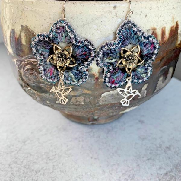Hummingbird and Flower Mixed Media Drop Earrings - Silve Metal, Hand-Dyed Cotton Thread, Metallic Thread - Charcoal Slate Magenta Teal - OOAK picture