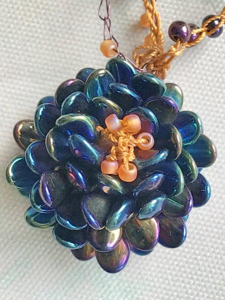 Beaded Crochet Flower Pendant Necklace in Iridescent Purple Indigo and Gold - Leaf Clasp - Czech Glass Beads - Double Strand - One of a Kind picture