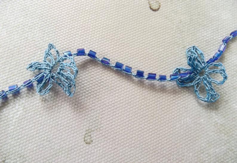 Delicate Blue Violet Crochet Beaded Flower Necklace with Silver Clasp picture