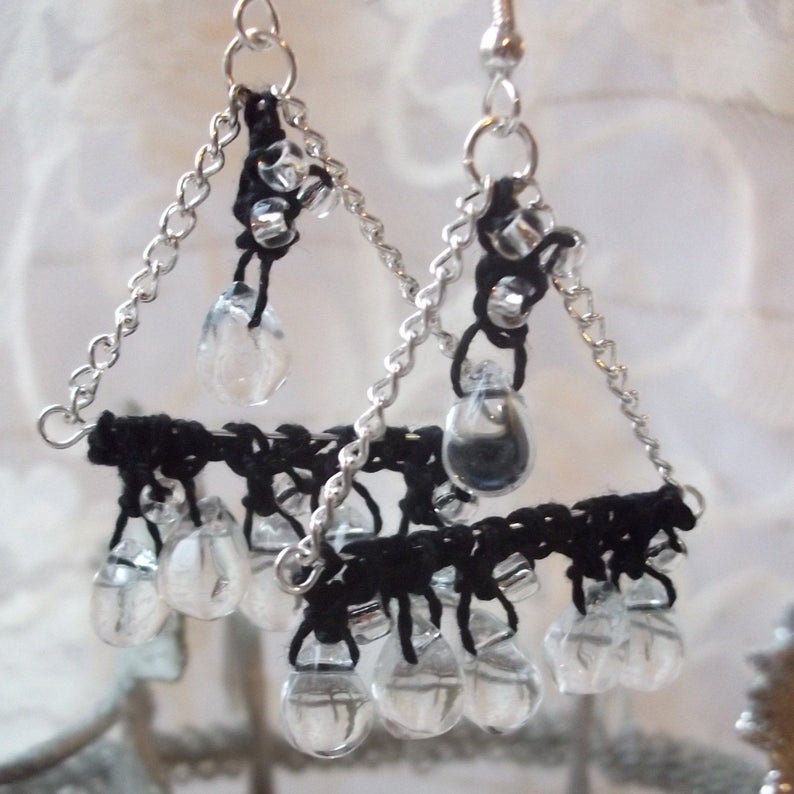 Rain Drops Clear Crystal, Black, Silver - Beaded Crochet Chandelier Earrings picture