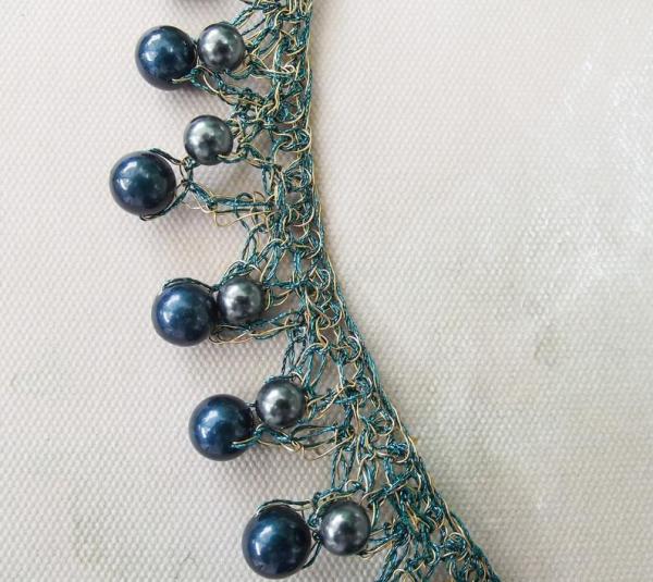 Teal and Brass Crochet Beaded Collar Necklace with Swarovski Crystal Peals - One of a Kind Statement Necklace picture