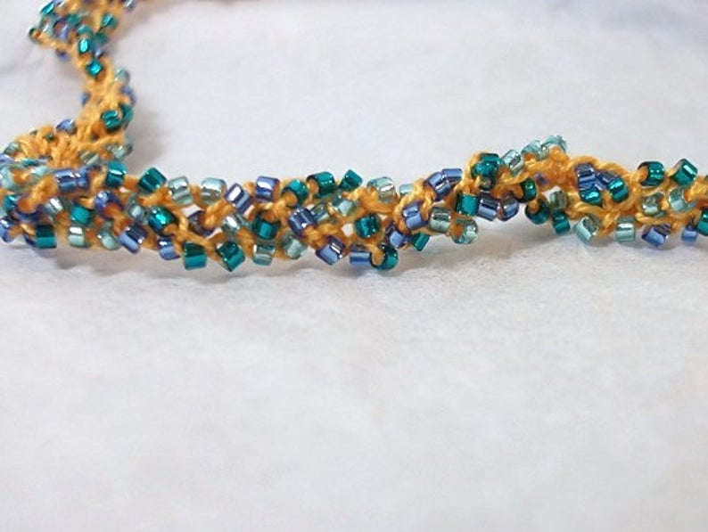 Sunshine in the Tropics Beaded Crochet Necklace - Yellow, Blue, Green - One of a Kind picture