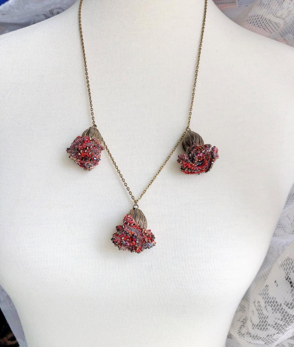 Colors of Frida - One of a Kind Statement Necklace - 3 Flower Pendants - Multi Media - Fiber Metal Glass - Multi Color- Reds Coral Blue picture