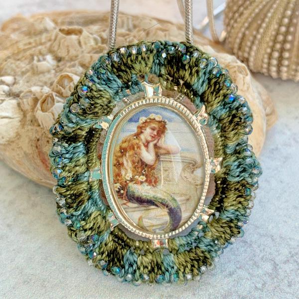 Vintage 1930's Mermaid Pendant Brooch - Mixed Media - Embellished with Bead Crochet - Silver, Blue, Green - Serpentine Chain - One of A Kind picture