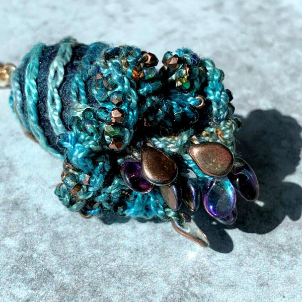 Swirling Elegance Mixed Media Pendant Necklace - Blue Turquoise Copper - Hand-dyed Thread, Silk Cocoon, Glass Beads, Embroidery, Crochet picture