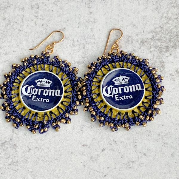 Upcycled Bottle Cap Crochet Beaded Earrings - Leinenkugel Summer Shandy - Maize and Blue picture