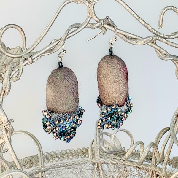 Renoir Dancers Mixed Media Earrings - Silk Cocoons, Tulle, Glass Beads - Hand-Dyed Thread - Charcoal Gray, Violet, Blues, Iridescent Metallics picture