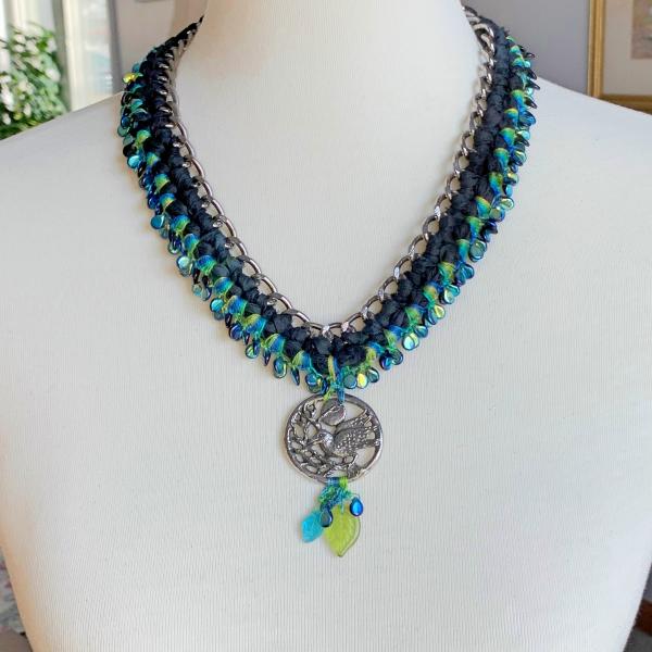 Pewter Raven Pendant Mixed Media Necklace - Black Blue Green - Silver Chain, Glass Beads, Sari Silk - Crochet -20 inch picture