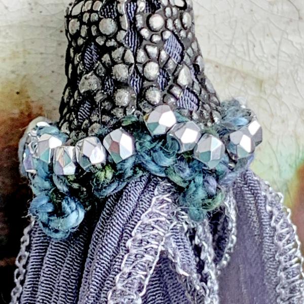 Silk Ribbon Tassel Earrings - Gray Silver - Gunmetal Filigree Caps - Pewter Silver Glass Beads - Crochet Embellishment - Mixed Media - OOAK picture