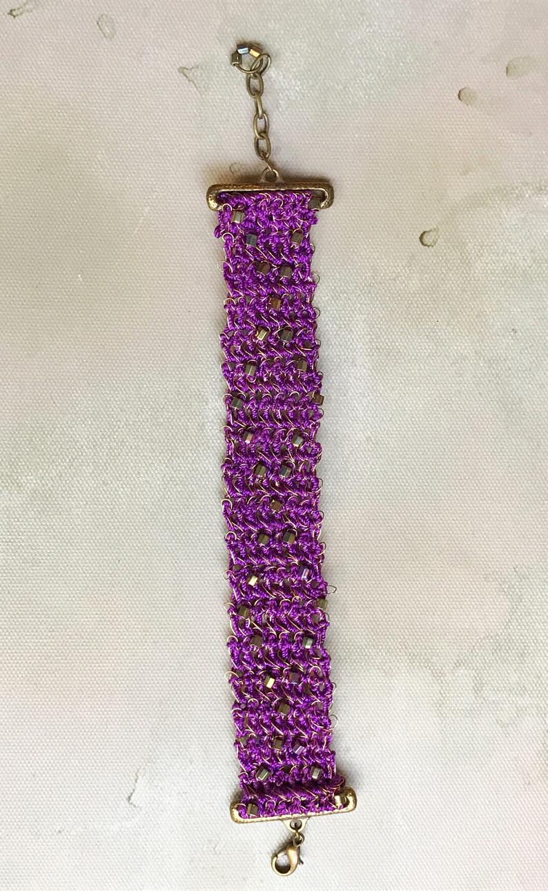 Purple and Gold Brass Fiber and Wire Crochet Bracelet with Gold Iris Beads - Adjustable Length 7-8 inches picture