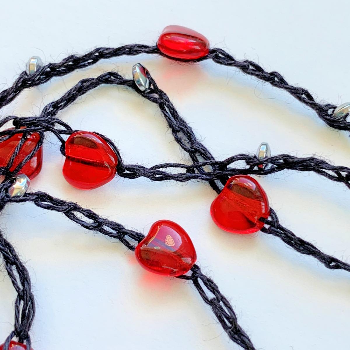 Simple Strand - Crochet Black Linen Chain Embellished with Red Glass Hearts and Silver Metal Disc Beads - 82 inch - Continuous Circle - Wrap picture