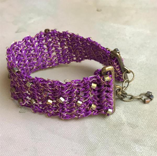 Purple and Gold Brass Fiber and Wire Crochet Bracelet with Gold Iris Beads - Adjustable Length 7-8 inches picture