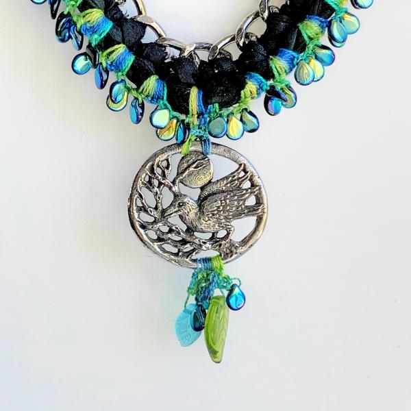 Pewter Raven Pendant Mixed Media Necklace - Black Blue Green - Silver Chain, Glass Beads, Sari Silk - Crochet -20 inch picture