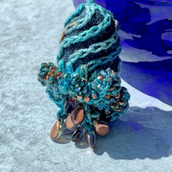 Swirling Elegance Mixed Media Pendant Necklace - Blue Turquoise Copper - Hand-dyed Thread, Silk Cocoon, Glass Beads, Embroidery, Crochet picture