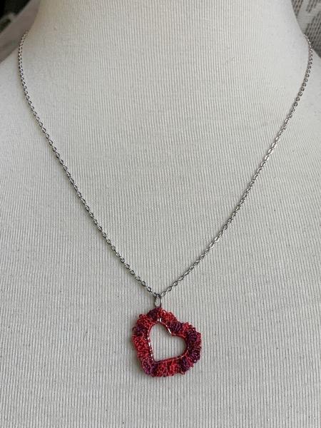 Simply Love Open Heart Pendant Necklace - Mixed Media - Fiber Metal - Small Open Silver Heart - Delicate Lacy Crochet Red Tones - Adjustable 18-19.5" picture