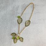 Green Gold Leaves Necklace - Mixed Media - Metal Fiber Glass - Crochet Embroidery - One of a Kind