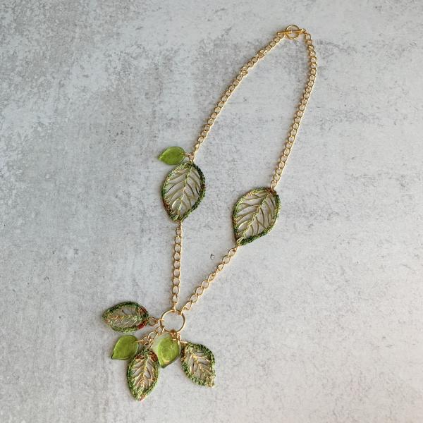 Green Gold Leaves Necklace - Mixed Media - Metal Fiber Glass - Crochet Embroidery - One of a Kind picture