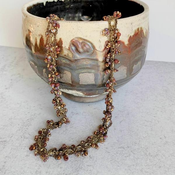 Brown Gold Copper Bronze Topaz Mixed Media Beaded Chain Necklace - Crocheted Fiber, Metal Chain, Glass Beads - OOAK picture