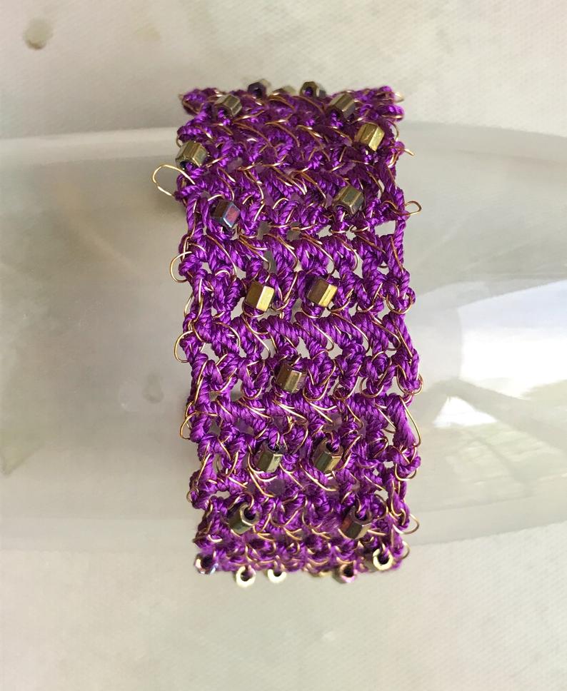 Purple and Gold Brass Fiber and Wire Crochet Bracelet with Gold Iris Beads - Adjustable Length 7-8 inches picture