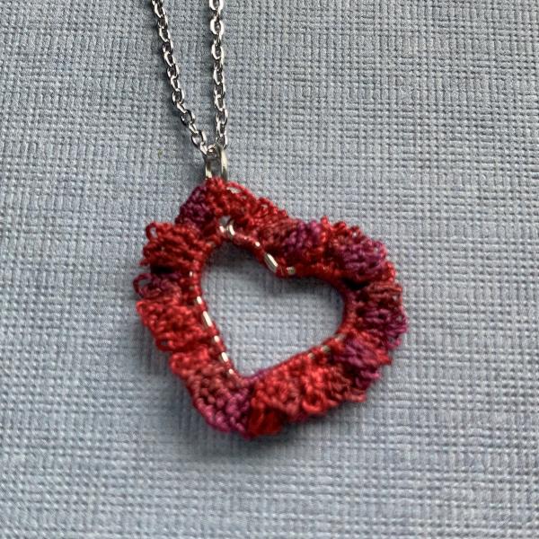 Simply Love Open Heart Pendant Necklace - Mixed Media - Fiber Metal - Small Open Silver Heart - Delicate Lacy Crochet Red Tones - Adjustable 18-19.5" picture