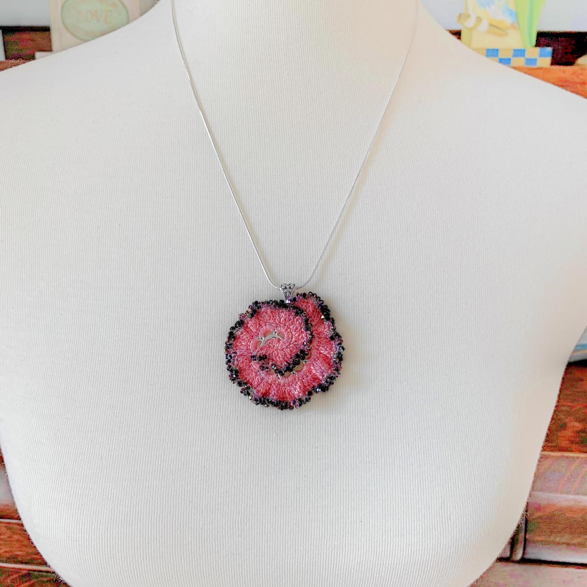 Curly Girl Spiral Swirl Pendant Necklace - Mixed Media - Metal Fiber Glass - Coral Hand-Dyed Thread, Metallic Wine Glass Beads - Crochet - OOAK picture