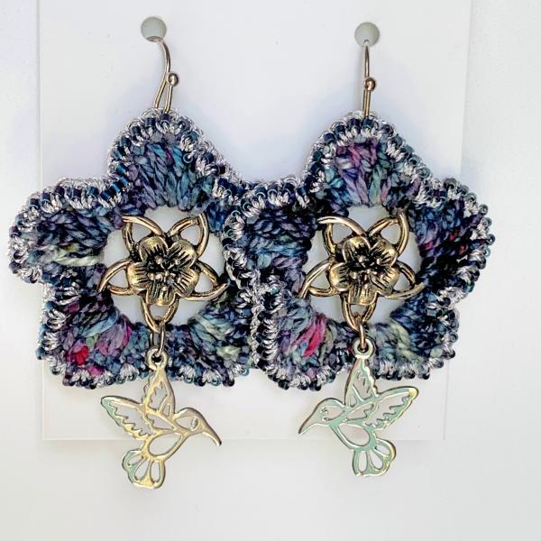 Hummingbird and Flower Mixed Media Drop Earrings - Silve Metal, Hand-Dyed Cotton Thread, Metallic Thread - Charcoal Slate Magenta Teal - OOAK picture