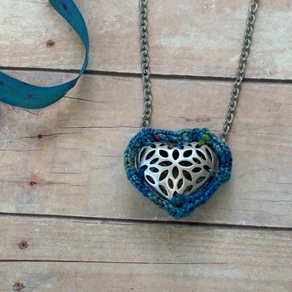 Slider Heart Pendant Necklace - Mixed Media - Antique Silver Filigree Metal Heart - Blue Green Multicolor Fiber - Matte Antique Silver Chain - 19 inch picture