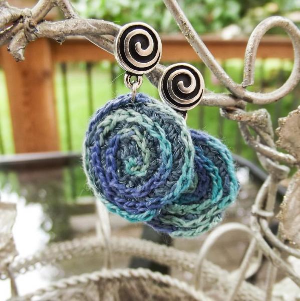 Tone on Tone Crochet Embroidered Spiral/Starburst Drop Earrings in Blues and Greens - One of a Kind picture