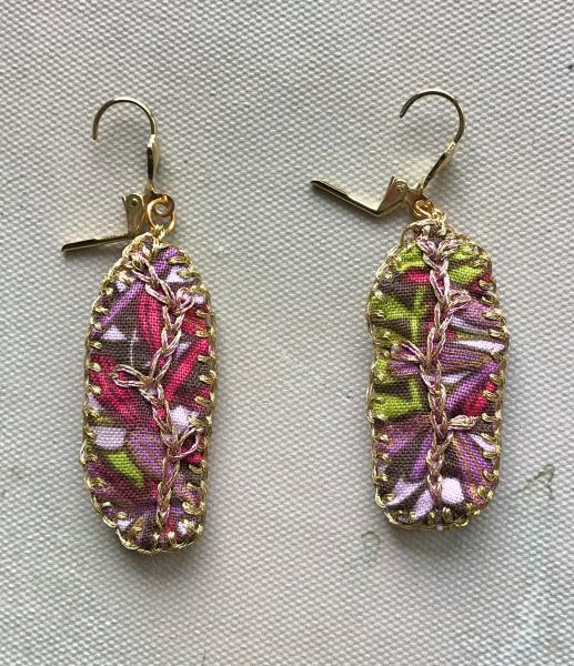 Hand Sewn and Embroidered Fabric Drop Earrings - Vine - Brown, Lavender, Pink, Spring Green, Magenta, Gold - Nickel Free Gold Lever Back picture