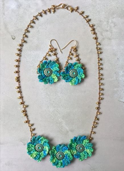 Turquoise Blue Green Crochet Mixed Media Flower Statement Necklace - Embellished Brass Chain - Verdigris Patina picture