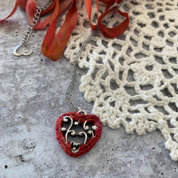 Simple Lacy Red Heart Pendant - Mixed Media - Silver Metal Filigree - Hand-Dyed Red Multicolor Thread - Adjustable Length 18-20 inches - One of a Kind picture