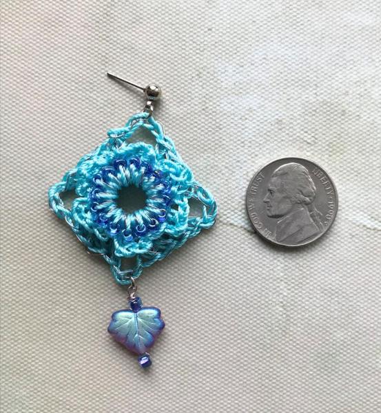 Tranquil Borders Hand Crochet Wire and Fiber Drop Pierced Earrings - Aqua and Amethyst - Glass Beads - One of a Kind - Nickel Free Posts picture