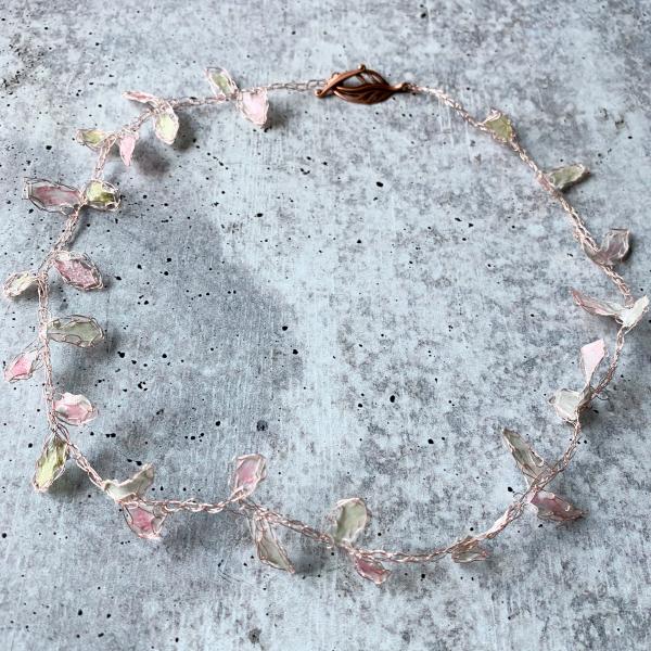 Whispering Petals Mixed Media Necklace - Subtle Pinks, Pale Green, White - Rose Gold Wire - Lightweight - One of a Kind - 19 inch - floral picture