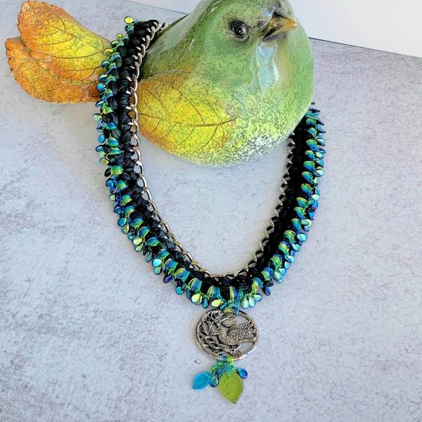 Pewter Raven Pendant Mixed Media Necklace - Black Blue Green - Silver Chain, Glass Beads, Sari Silk - Crochet -20 inch picture