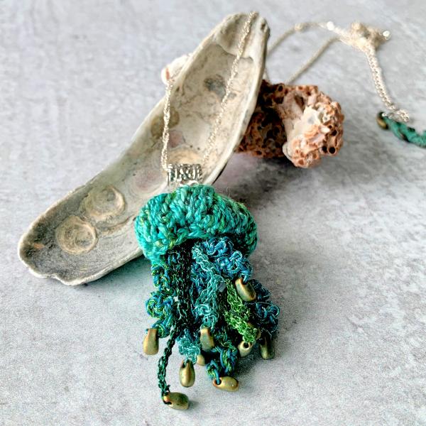 Jellyfish Pendant Necklace - Multimedia - Fiber, Metal, Glass Beads - Blue, Green, Turquoise - Crochet - Adjustable Length - One of a Kind picture