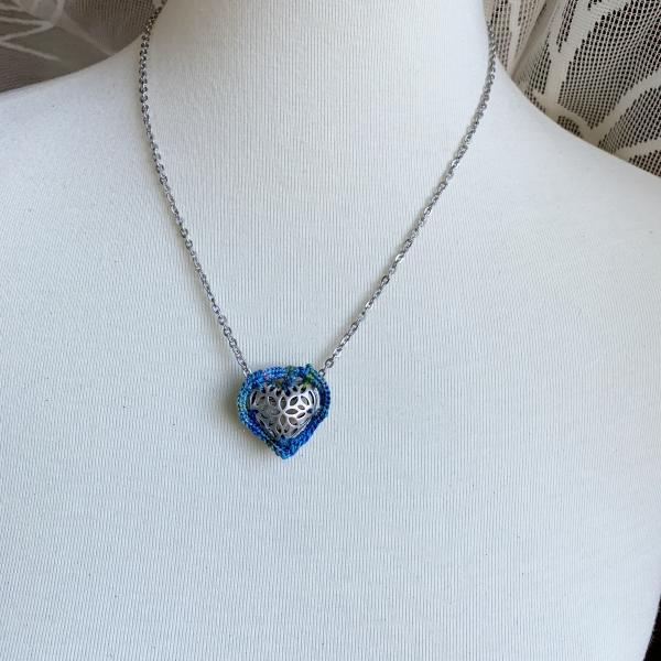 Slider Heart Pendant Necklace - Mixed Media - Antique Silver Filigree Metal Heart - Blue Green Multicolor Fiber - Matte Antique Silver Chain - 19 inch picture