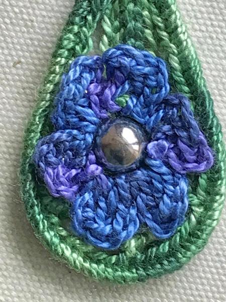 Blue Purple Green Crochet Tear Drop Flower Pierced Earrings - Antique Silver Flower Posts - One of a Kind - Nickel Free picture