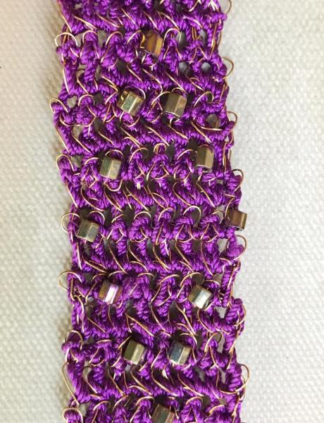 Purple and Gold Brass Fiber and Wire Crochet Bracelet with Gold Iris Beads - Adjustable Length 7-8 inches picture