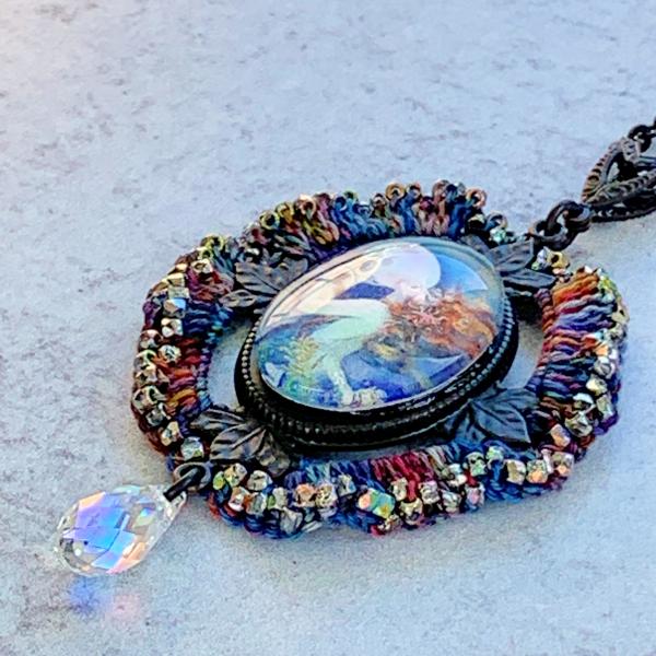 Clive "Mermaid" Vintage Pendant Necklace - Mixed Media - Glass Cabochon - Black Brass Setting and Chain - Multicolor - Beaded Crochet - OOAK picture