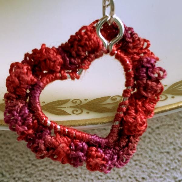 Simply Love Open Heart Pendant Necklace - Mixed Media - Fiber Metal - Small Open Silver Heart - Delicate Lacy Crochet Red Tones - Adjustable 18-19.5" picture